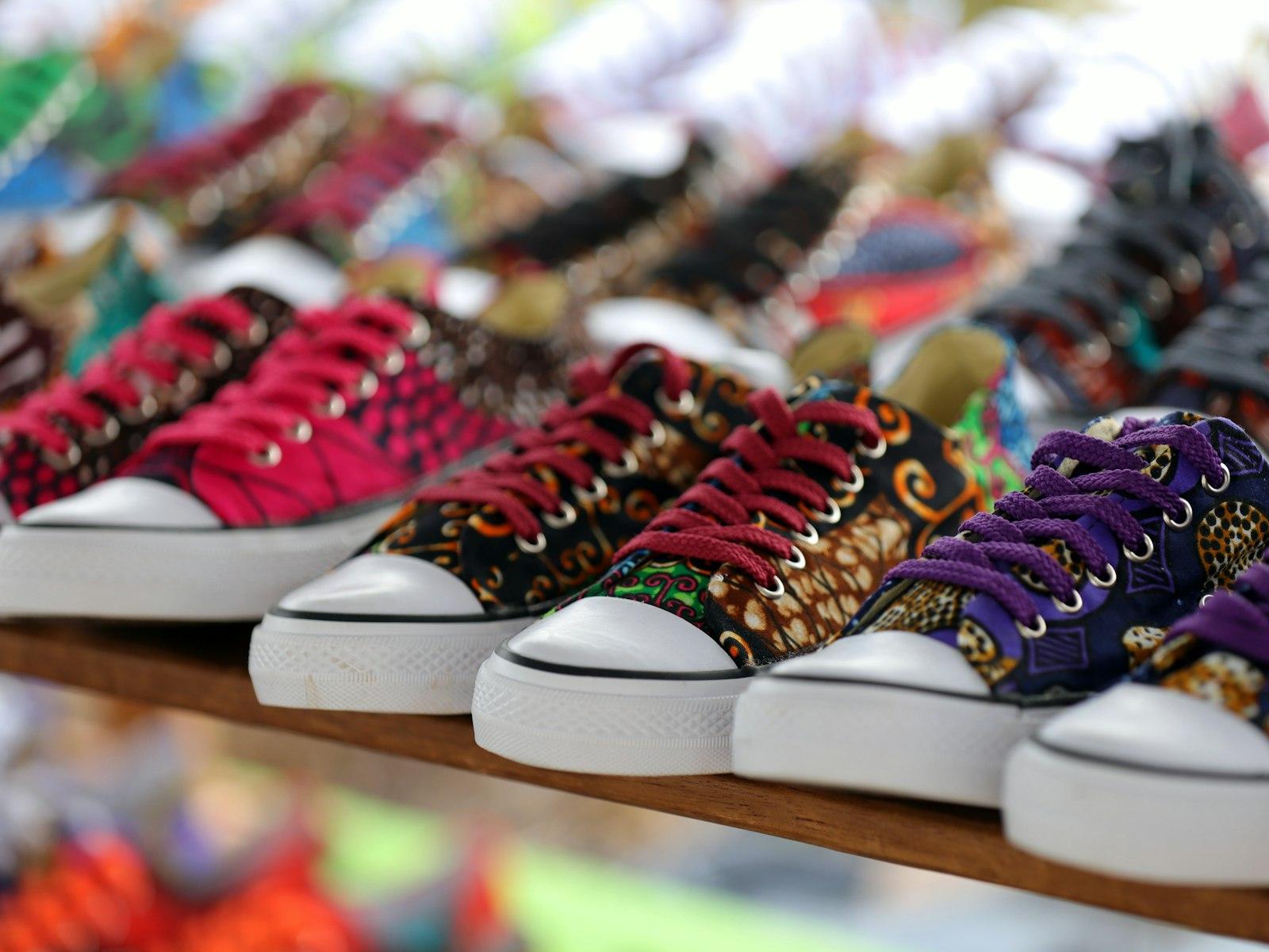 A row of clean, colourful sneakers
